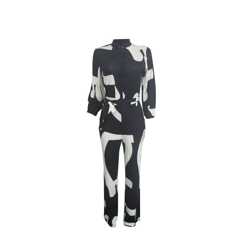 Elegant Cardigan Jumpsuit with Stitching and Print