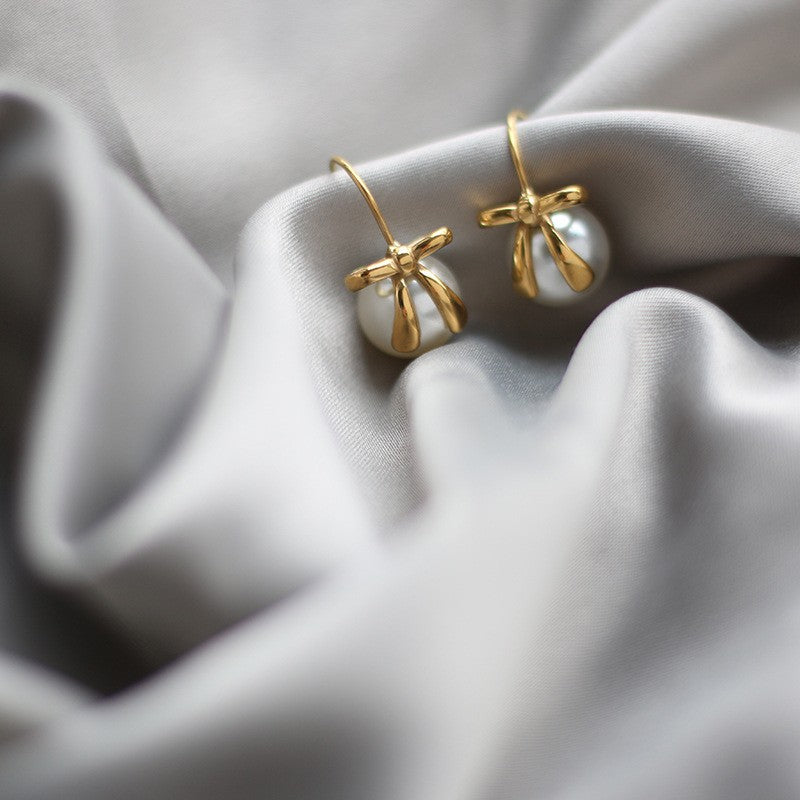 Pearl Earrings with Bow Ribbon Ear Hooks