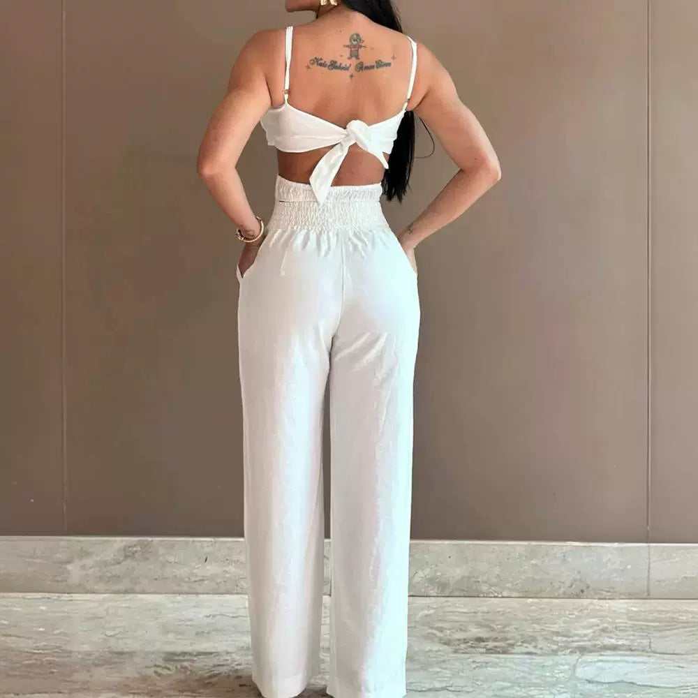 White Sling One-Piece Trousers with Three-Dimensional Flower Design for Women