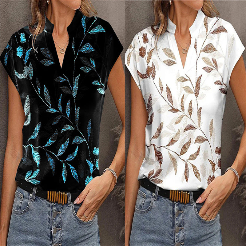 Women's Casual Fashion Printed V-neck Short Sleeved T-shirt