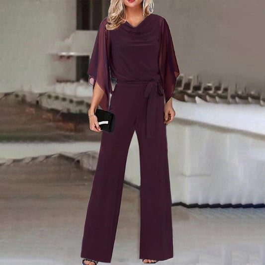 Women's Fashion Solid Color High Waist Lace-Up Casual Jumpsuit with Straight-Leg Pants