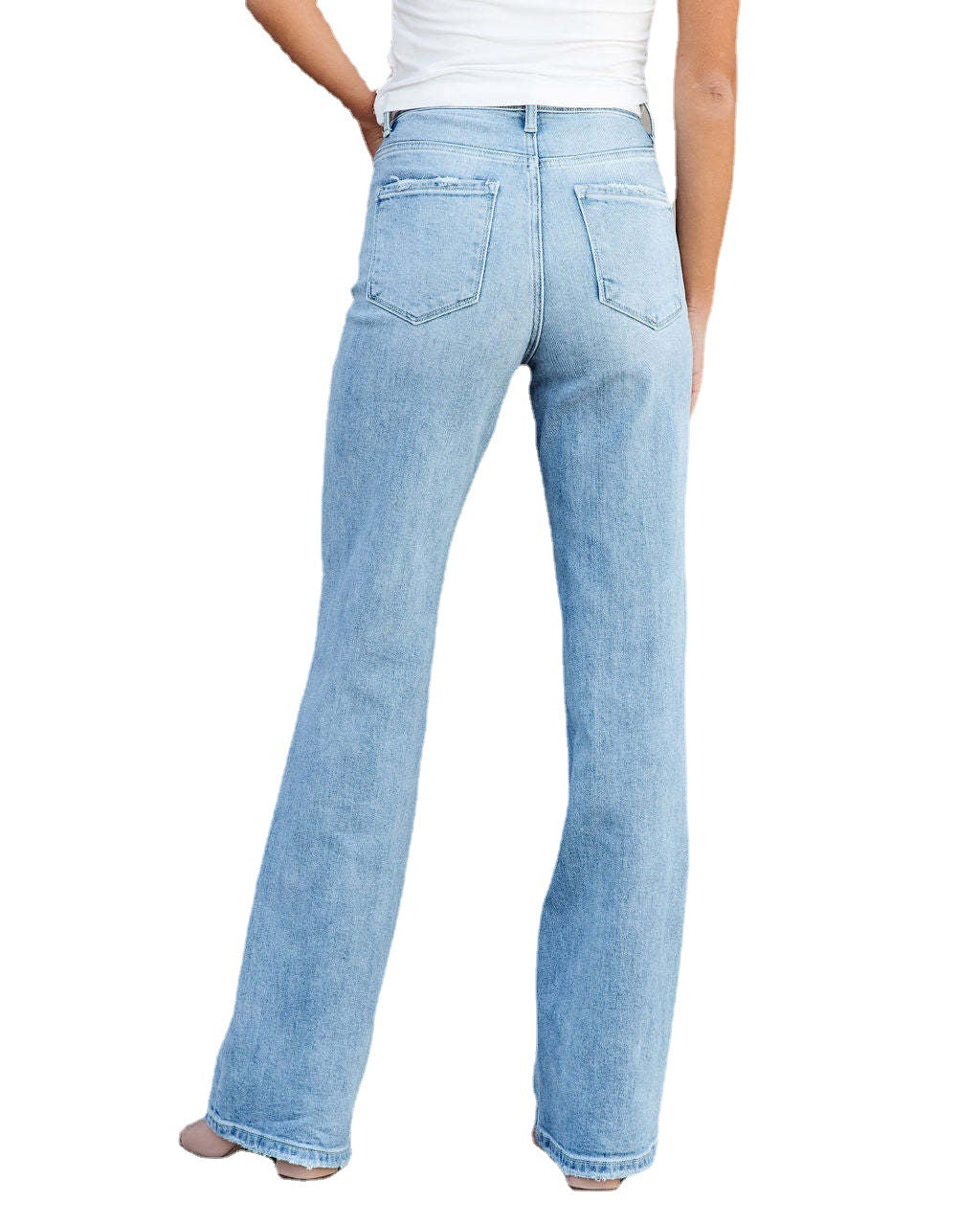 Fashionable Mid-Waist Denim Straight-Leg Trousers with a Washed Finish Versatile Styling