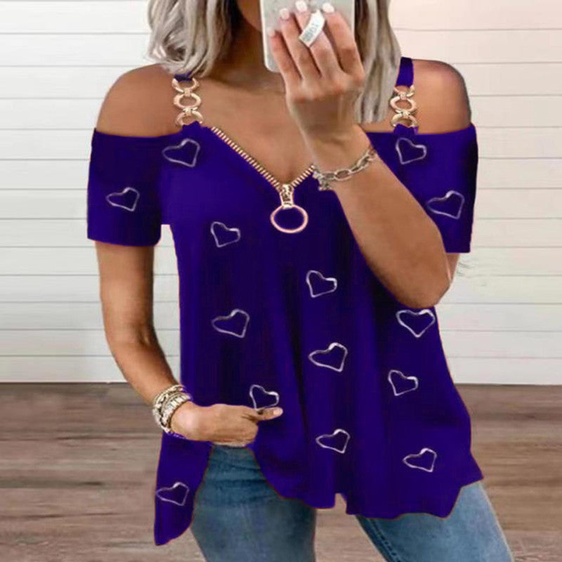 Low Cut Zippered Solid Color Off Shoulder Short Sleeved T-shirt