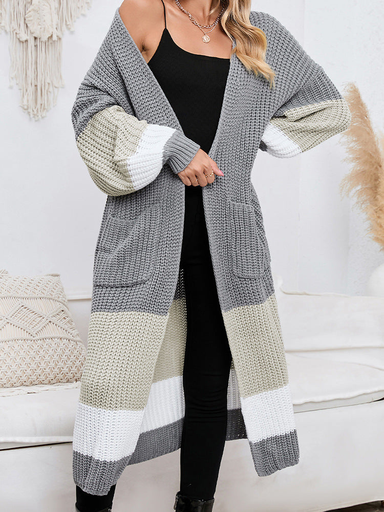 Fall Winter Fashion Color Matching Long Cardigan Warm Outerwear Knitwear