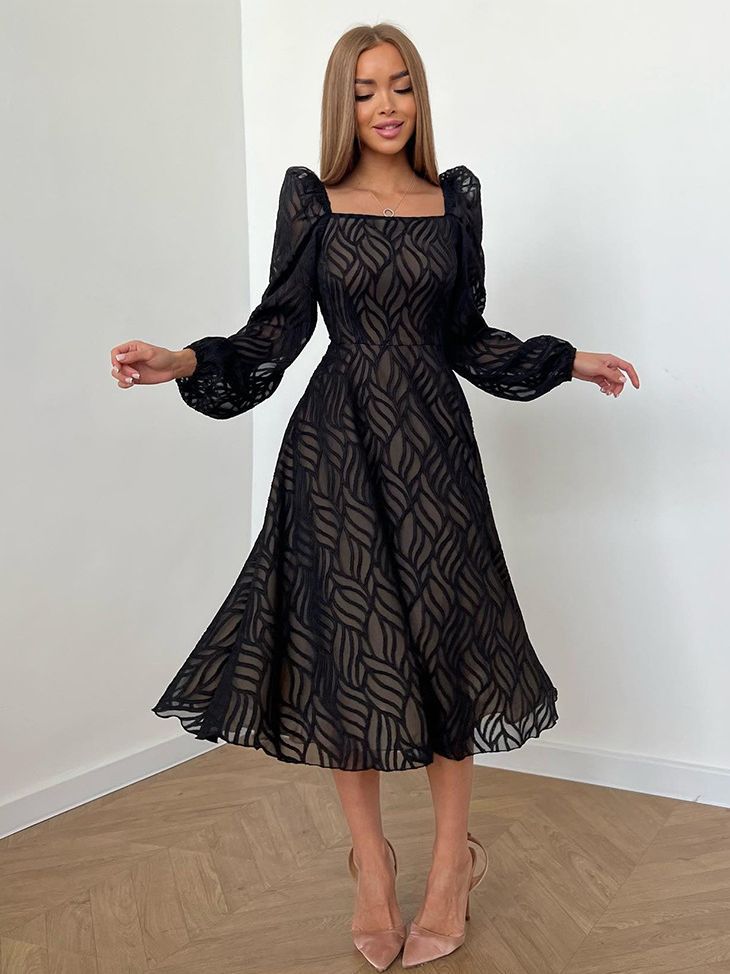 Chic High Waist Long Sleeve Dress with Hollow-out Micro-Transparent Jacquard for Women