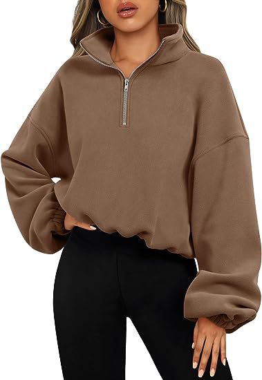 Women's Solid Color Zipper Stand Collar Loose Sport Pullover Hoodie