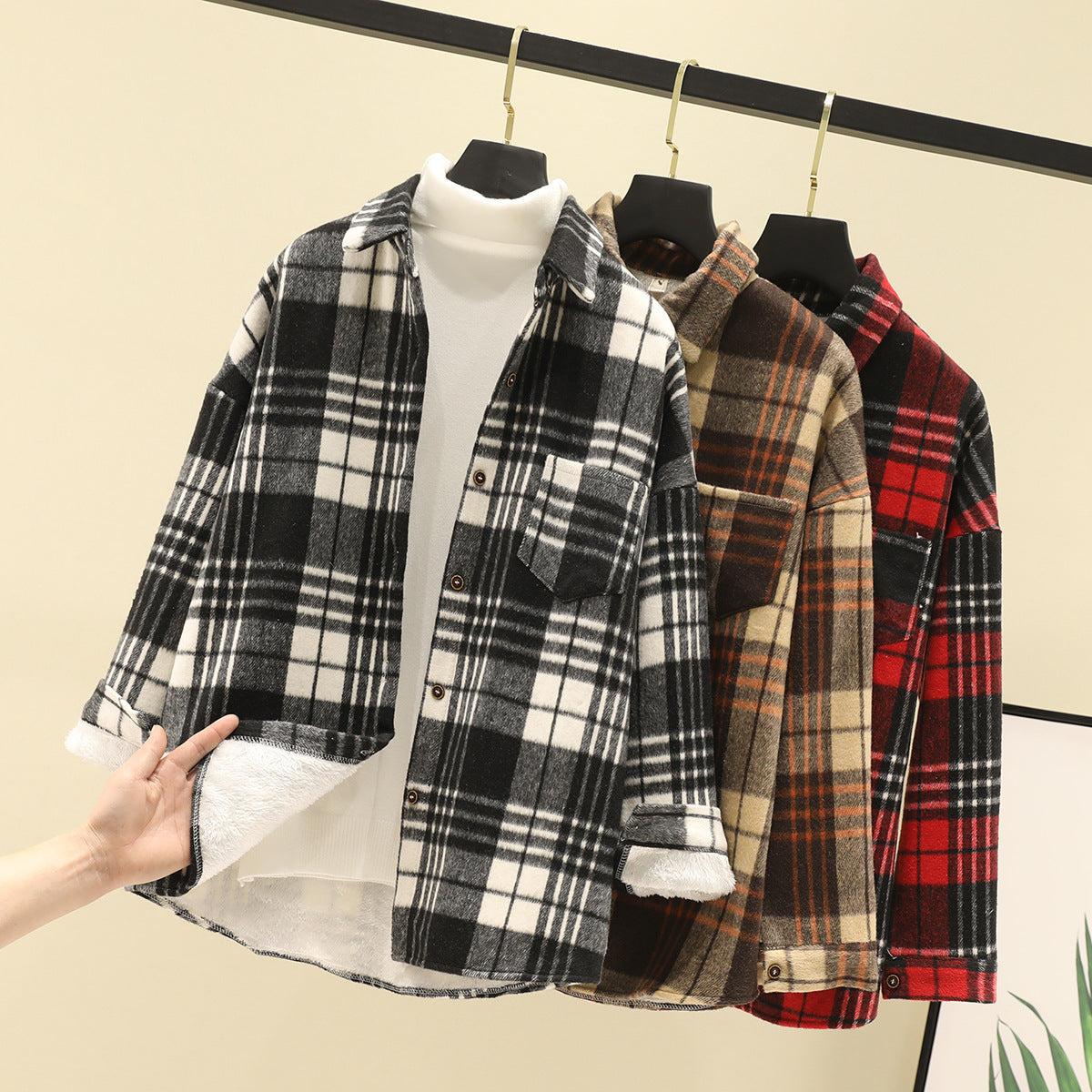 Japanese Woolen Cardigan Coat Fleece Plaid Shirt Women