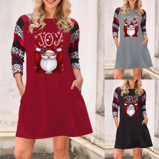 Fashionable Round Neck Dress for Women with Santa Claus Letter Print