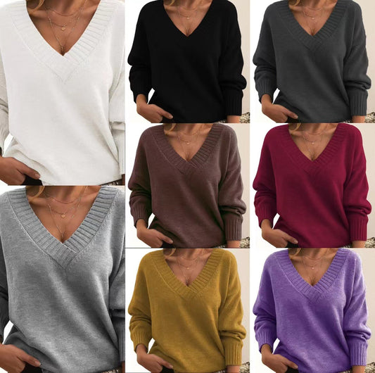 New Knitted Loose V-neck Pullover Top for Women