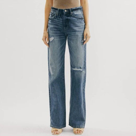 High Waist Jeans with a Wide Leg and Ripped Details