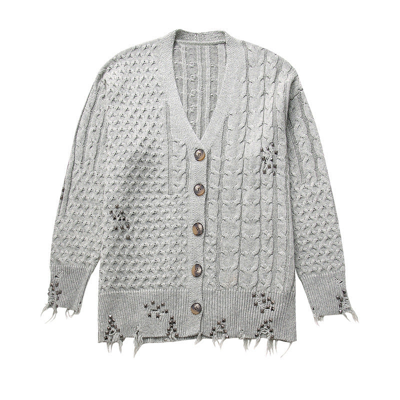 Autumn Women's Fashion Loose Rivet Ornament Woven Knitted Coat