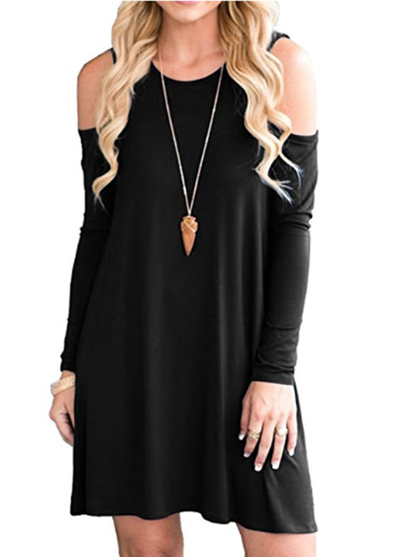 Solid Color Off-the-shoulder Long Sleeve Dress