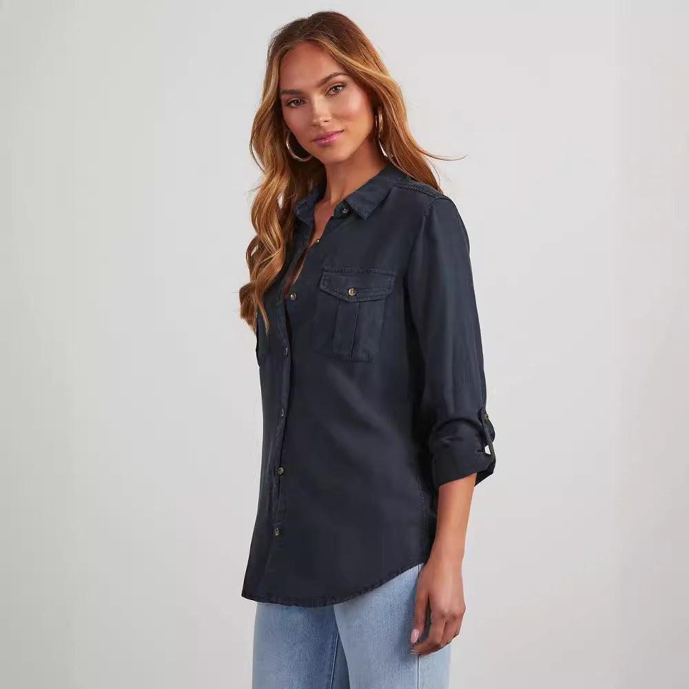 Women's Leisure Lapel Single-Breasted Long Sleeve Denim Shirt