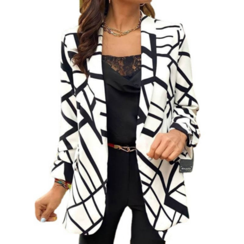 Versatile Printed Suit Coat with Collar and Buckle-Free Design