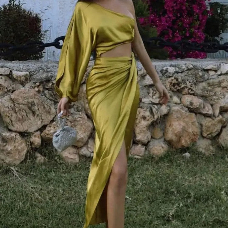 Summer New Silk Satin Texture One Shoulder Light Luxury Dress High Sense