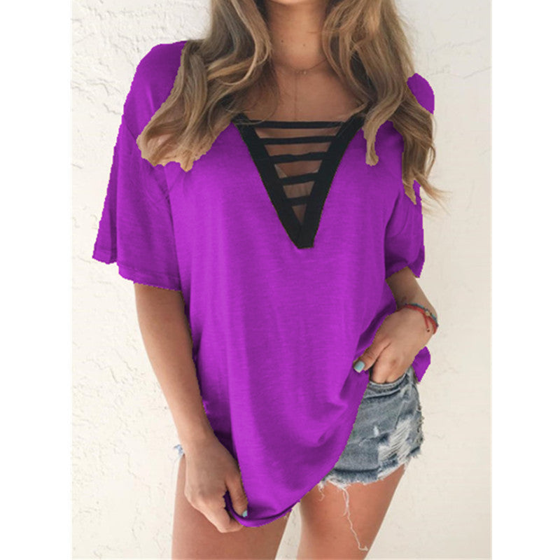 V-Neck Short Sleeve Top for European and American Women