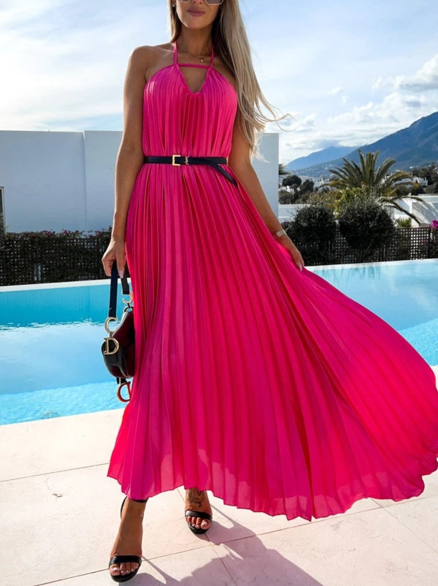 Bohemian Maxi Dress with Waist-Trimming Pleated Suspender and Belt