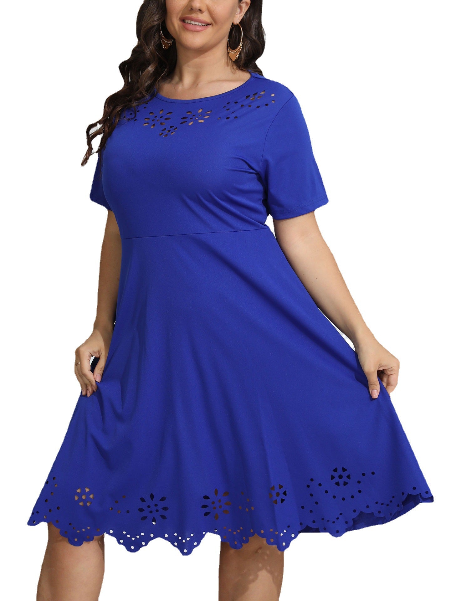 European And American Burnt Flower Hollow-out Cinched Short Sleeve Large Swing Solid Color Dress