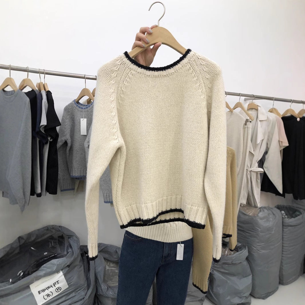 Contrast Color Round Neck Sweater with Knitted Collar