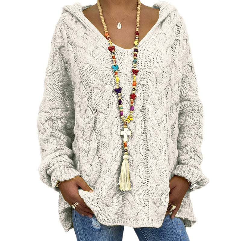 Women's Twist Knitted Hoodie Sweater Solid Color for a Cozy and Stylish Look