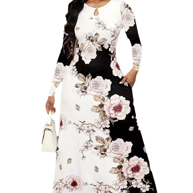 Round Neck Long Sleeve Dress with Printed Pocket and Waist-Controlled Large Hem