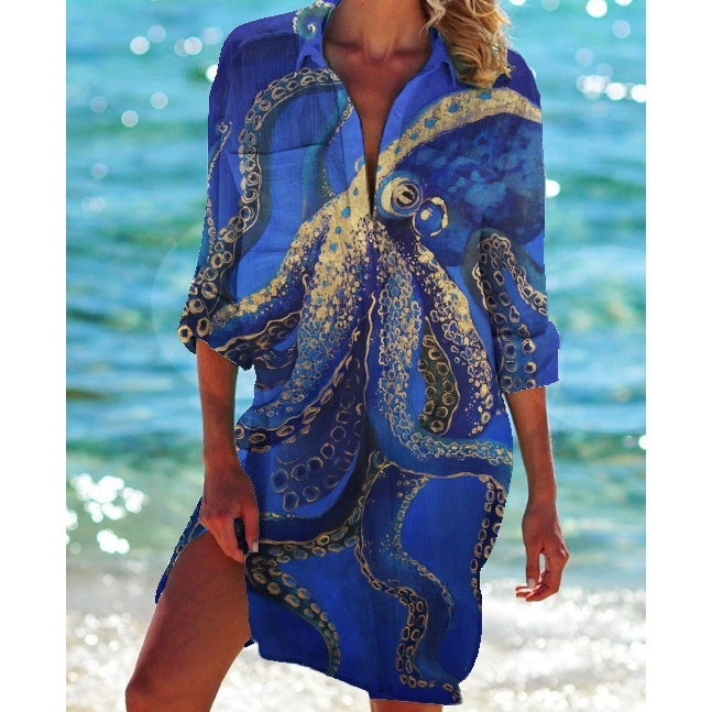 Vacation Beach Printed Shirt Bikini Cover-Up for Women