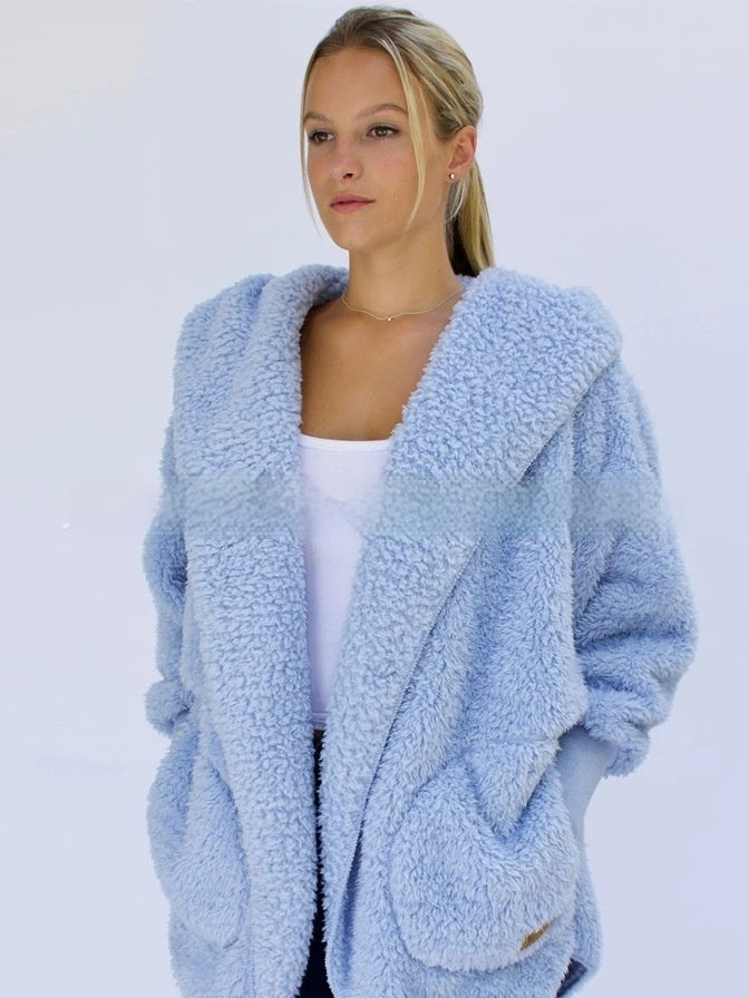 Furry Hooded Cardigan Coat for Women with Pocket Design