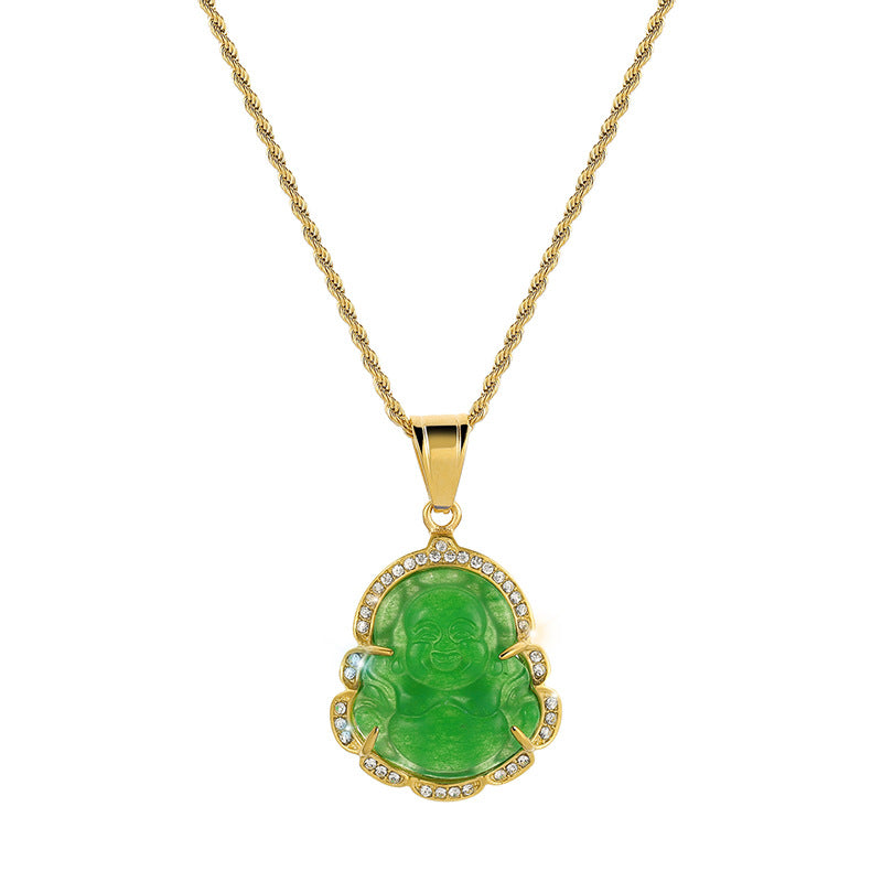 Maitreya Green Chalcedony Pendant Necklace with a Titanium Steel Chain for a Unique Style