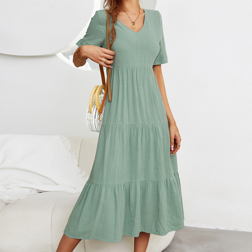 Solid Color Wide Hem Casual Dress