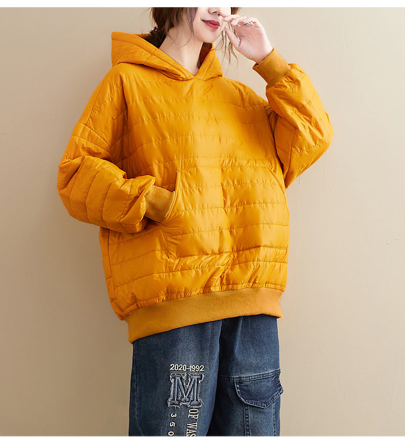 Women's Winter Hooded Cotton Jacket Solid Color, Loose Fit