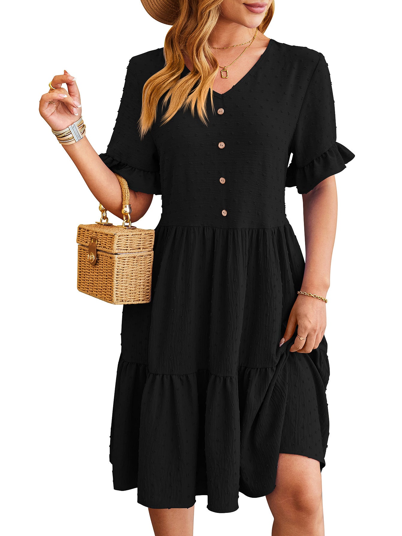 Summer Casual Fashion Short-Sleeved Dress with New V-Neck Ruffle