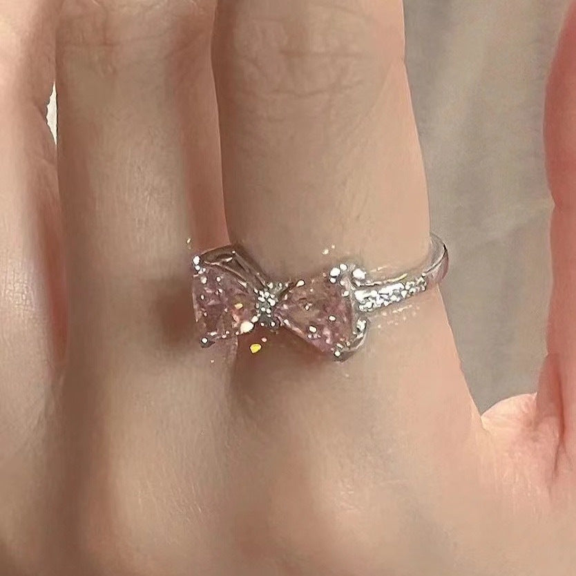 Princess's Castle Pink Zircon Bow Ring Open Index Finger