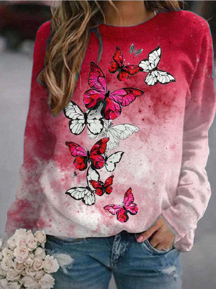 Flower Butterfly Round Neck Sweatshirt Female