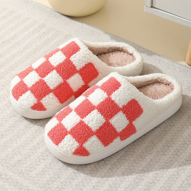 Couple's Winter Checkerboard Print House Slippers