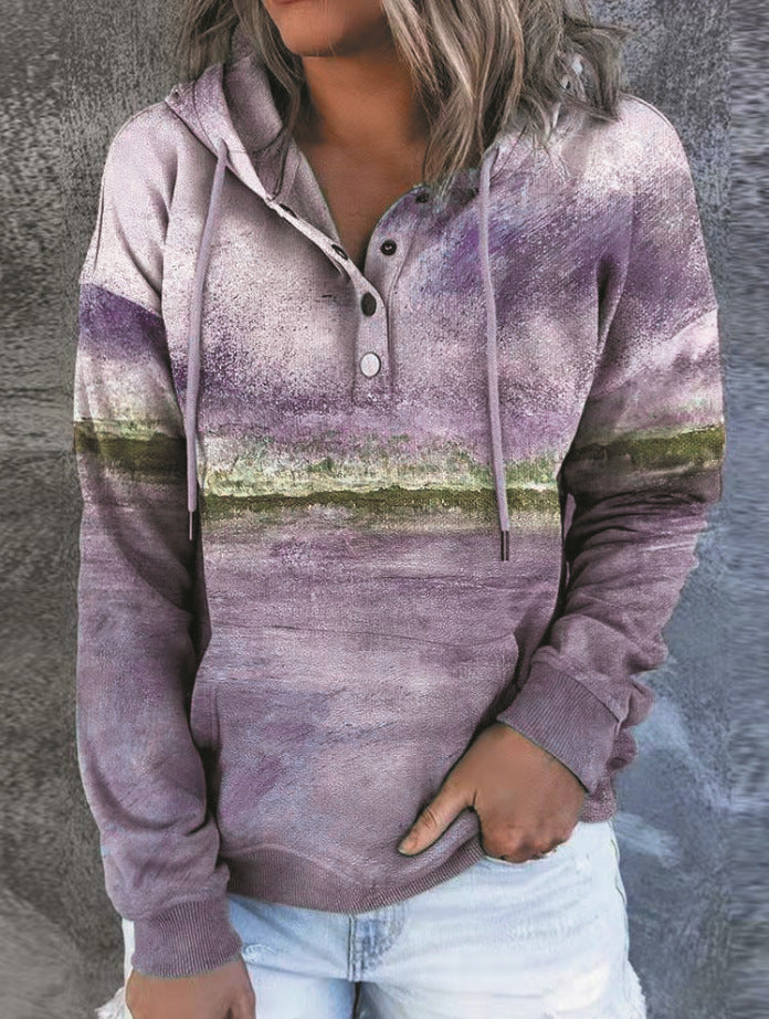 Fashion Casual Trendy Landscape Print Hooded Sweater