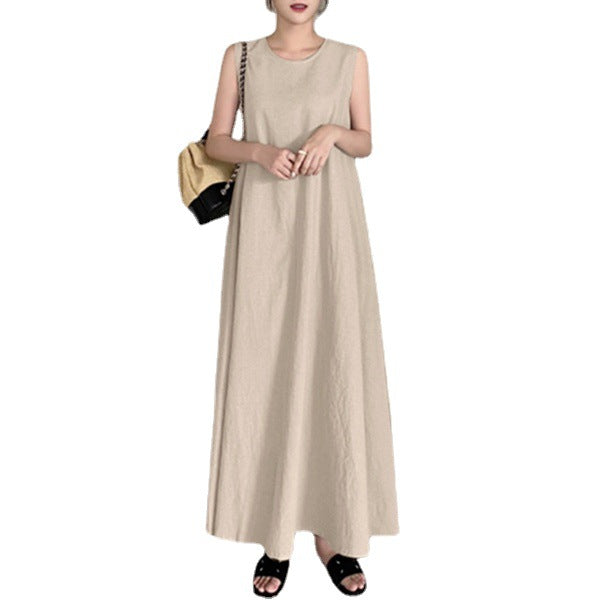 Cotton Linen Loose Round Neck Sleeveless Large Swing Dress For Women