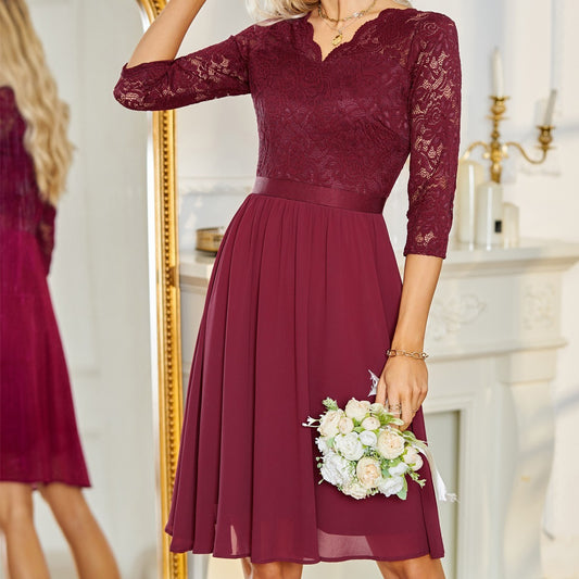 Mid-length Dress with Lace and Chiffon