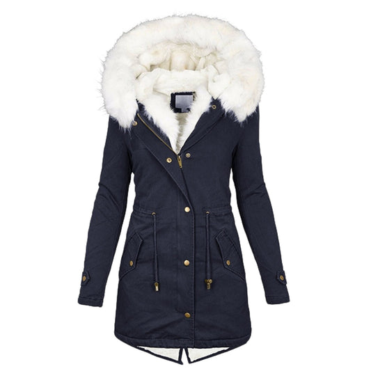 Autumn and winter mid length windbreaker with white fur collar hooded warm plush women's coat