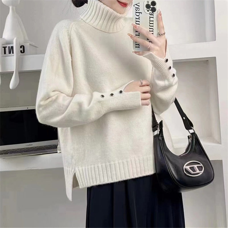 Knitted shirt with double neck pullover and long sleeves with split hem