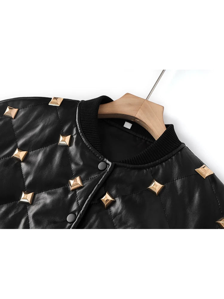 Fall Winter Designer Jacket Women's Rivet Buckle Stand Collar Threaded Splicing Leather Jacket