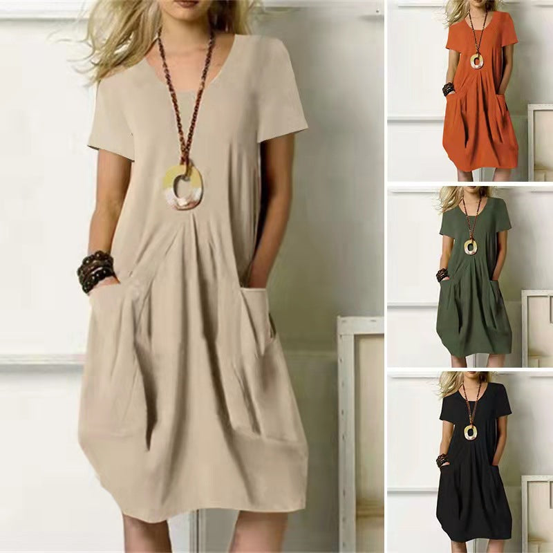 Cotton Linen Loose Fit Round Neck Short Sleeves Summer Dress for Women