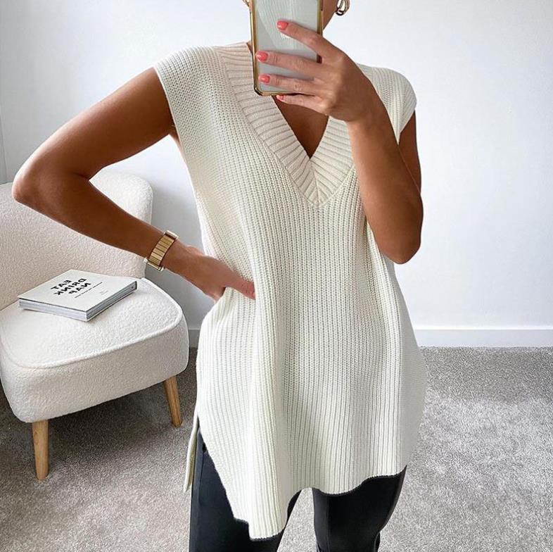 Women's Oversized V-Neck Knit Sweater Vest Tunic Sleeveless Pullover Top