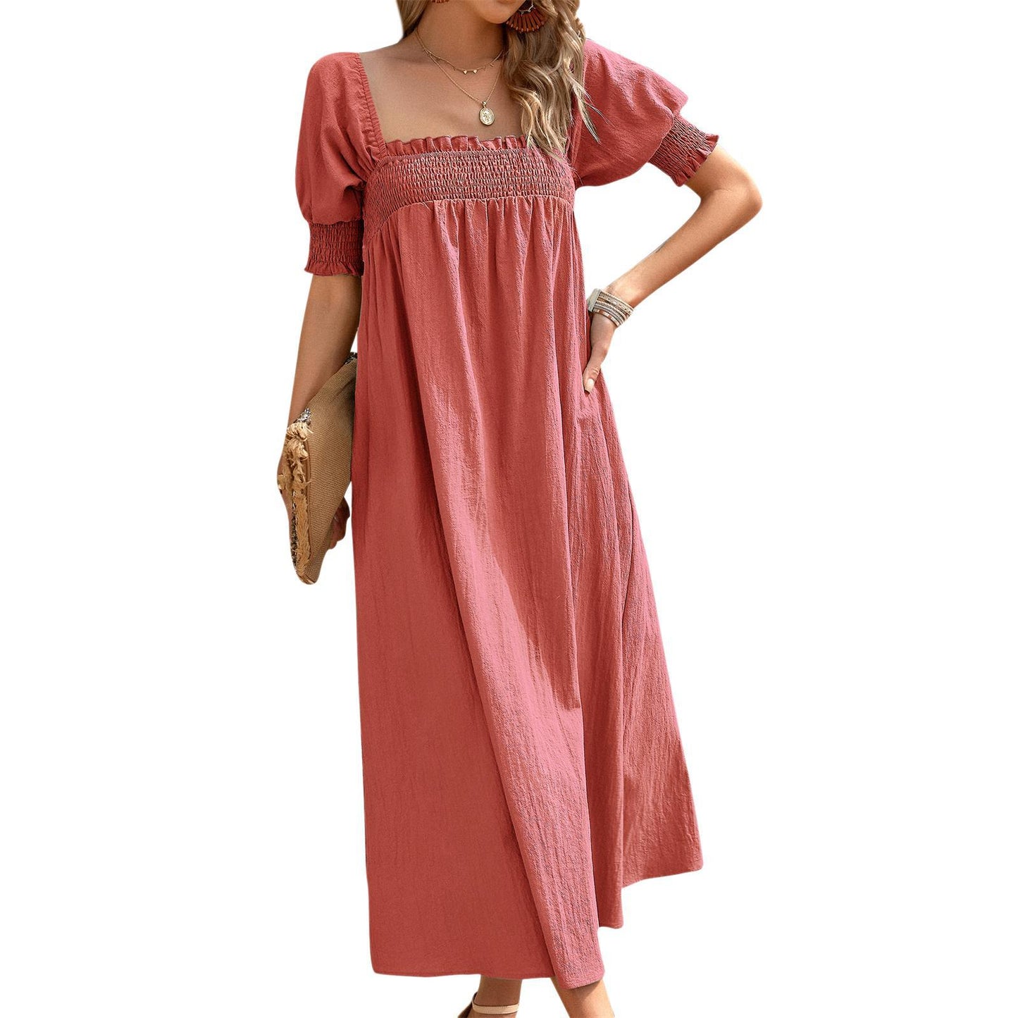 Elegant Solid Color Square Collar Long Dress