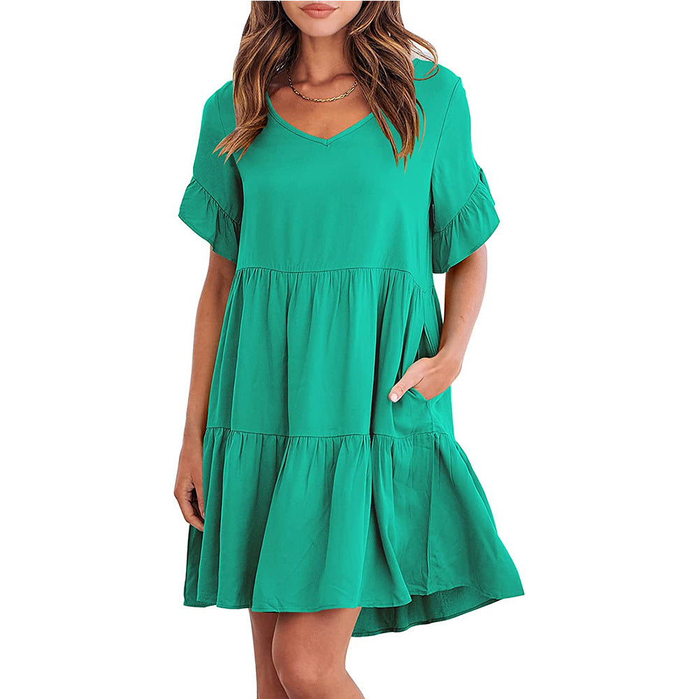 Summer Casual V-neck Little-girl Style Clothes Three-layer Pleated Dress