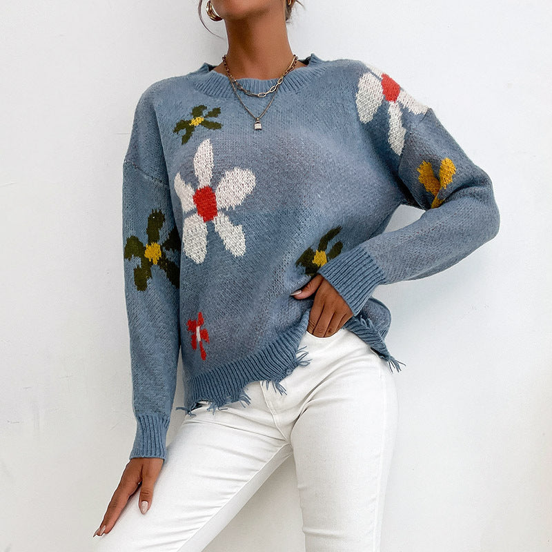 Knitted Blue Hedging Flower Brocade Sweater