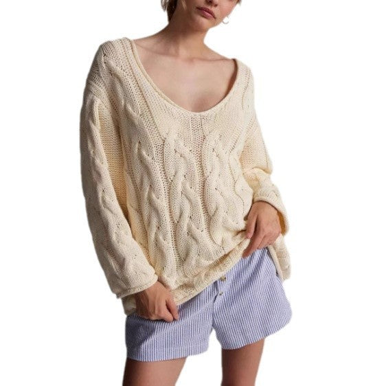 Women's Loose V-Neck Twist Design Knitted Pullover Sweater