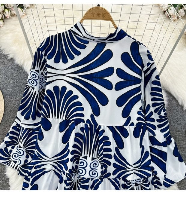 Summer Women's Retro Flared Long Sleeve V-neck Printed Dress