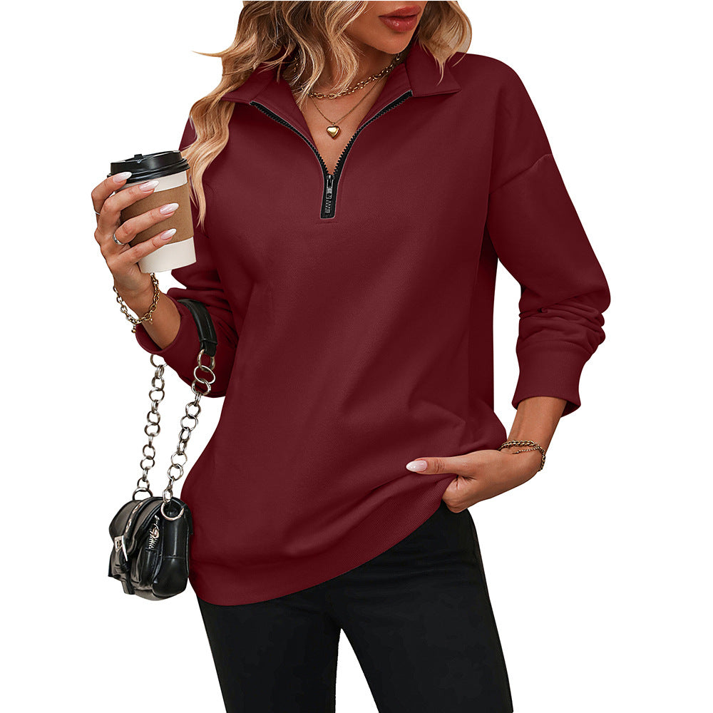 Fashion Pullover Fleece Sweater with Half Long-Sleeve and Zipper