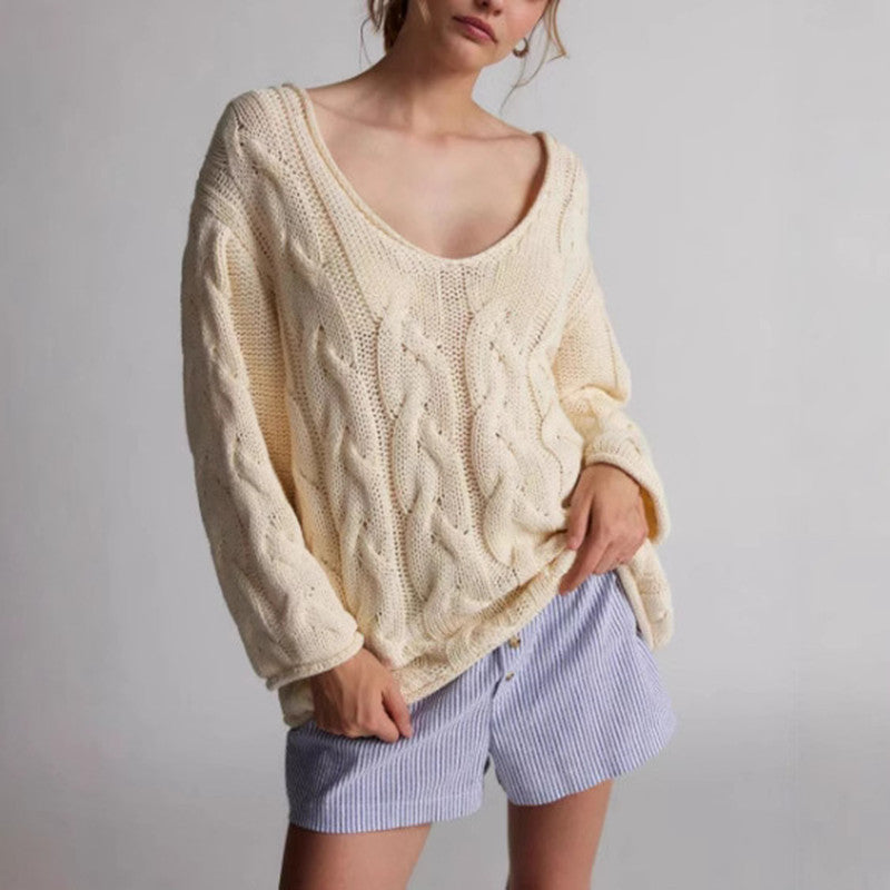 Women's Loose V-Neck Twist Design Knitted Pullover Sweater