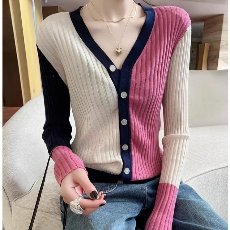 Trendy Multicolor V-Neck Knitted Cardigan for Women